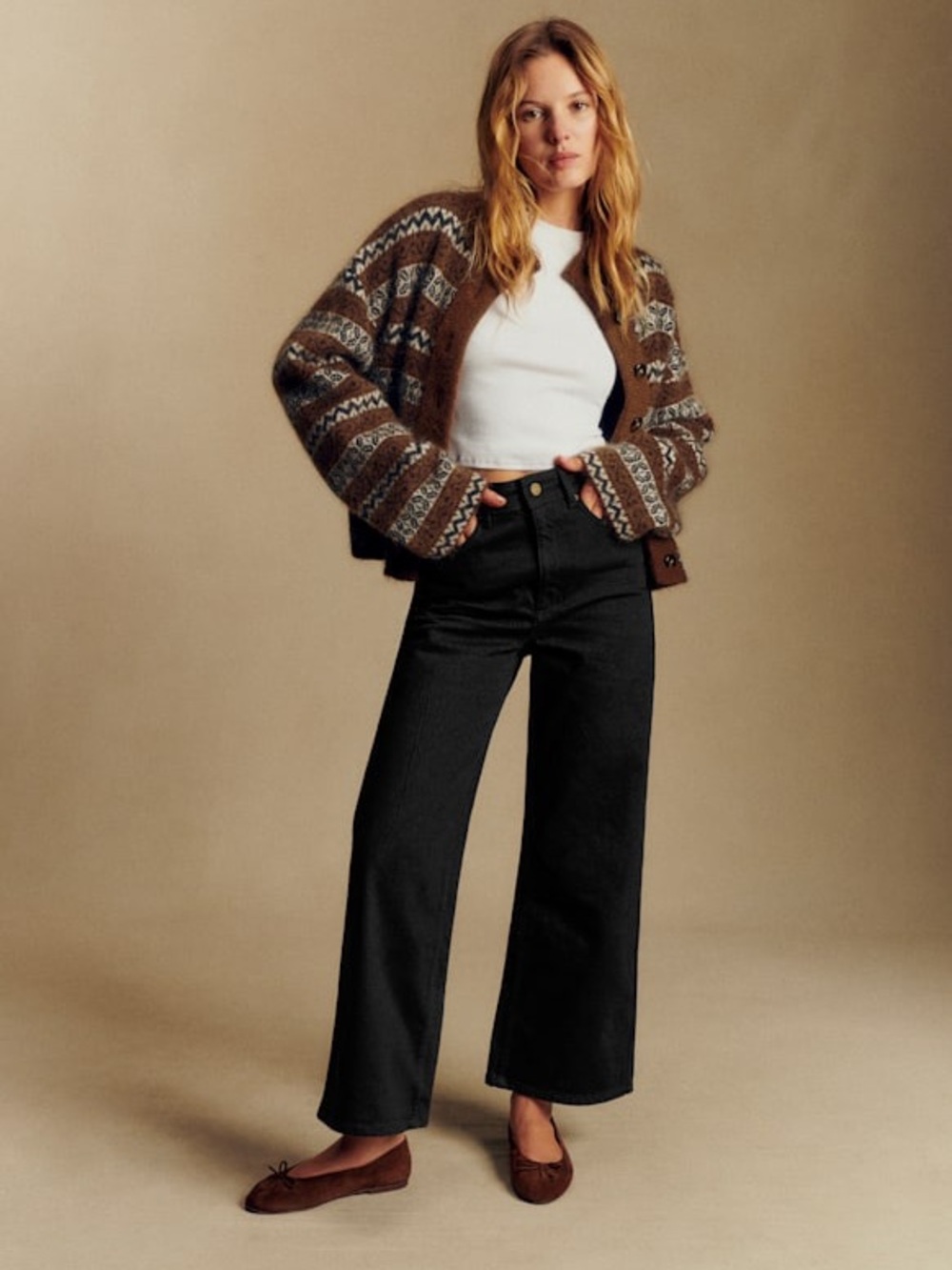 Sezane Black Wide-Leg High-Waist Le Crop Jeans
